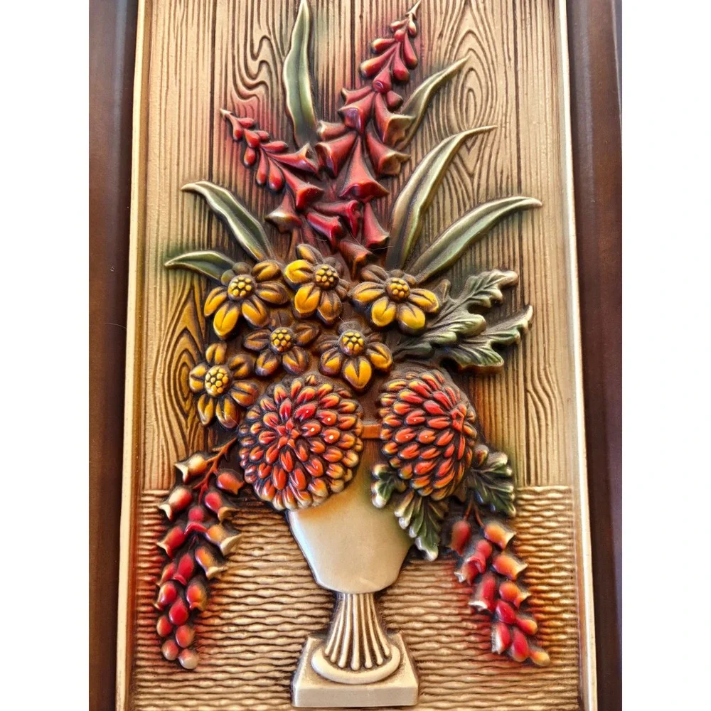 Vintage 3D Floral Wall Plaque Mid Century Burwood Style Flower Vase Decor 16x9.5